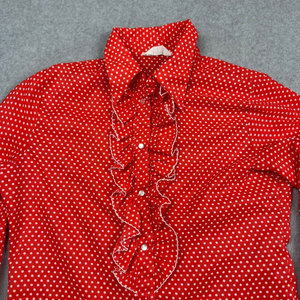 Vtg Judy Bond Red Polka Dot Ruffle Front Blouse Long Sleeve Retro Top Sz 16